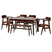 Baxton Studio Cleo Mid-Century Modern Light Brown Faux Leather and Dark Brown Finished Wood 6-Piece Dining Set